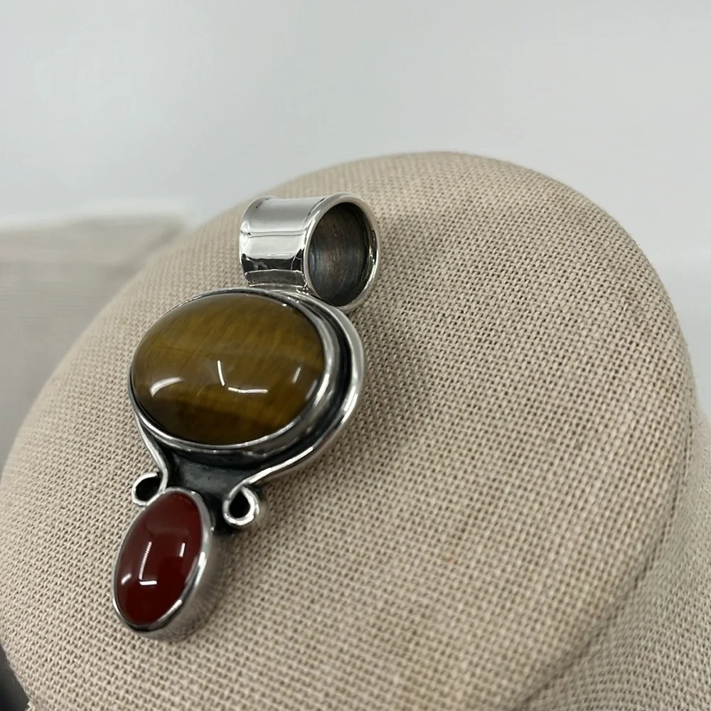 Vintage CII Mexico 925 Sterling Tiger's Eye & Carnelian Pendant Heavy 18.4g - Picture 8 of 16